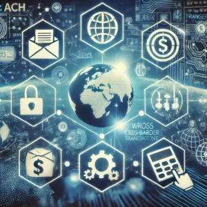 An image representing secure and automated payment systems, featuring icons for ACH payments, wire transfers, cross-border transactions, and global payment solutions.