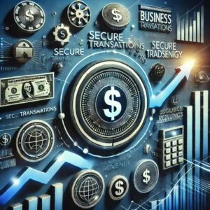 An image representing secure business transactions and financial growth, featuring icons for secure payments, revenue increase, and global commerce.