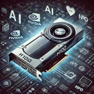 Nvidia H100 GPU with AI, machine learning, and HPC symbols representing cutting-edge technology