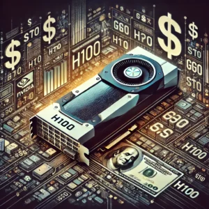 Nvidia H100 GPU pricing and availability, with symbols for cost and performance in a high-tech business environment.