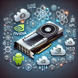 Cloud-based access to Nvidia H100 GPUs with cloud computing and AI symbols, emphasizing flexibility and scalability.