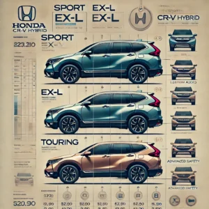 2025 Honda CR-V Hybrid trim levels with Sport, EX-L, and Touring versions, showing different features and price tags.