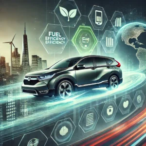 2025 Honda CR-V Hybrid in motion, showcasing fuel efficiency, technology, and safety in a dynamic cityscape