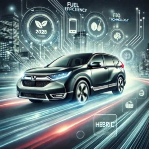 Eye-catching image of the 2025 Honda CR-V Hybrid with eco-friendly symbols, technology icons, and a cityscape.