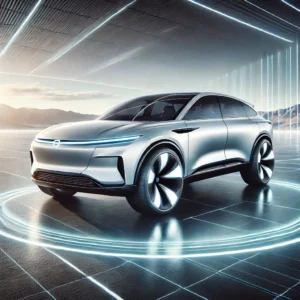 Futuristic luxury electric SUV in a spacious open environment with scenic landscape.