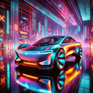 Dazzling, futuristic luxury electric vehicle surrounded by neon lights in a high-tech city.