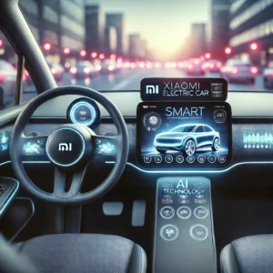 Close-up of Xiaomi electric car’s dashboard showcasing smart AI features, autonomous driving controls, and minimalist design with glowing digital interfaces.