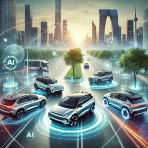 A range of Xiaomi electric vehicles including a sedan, SUV, and compact car on a smart, connected city street with advanced infrastructure and green, eco-friendly buildings.