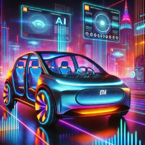 Stunning close-up of a Xiaomi electric car with vibrant city lights reflecting on its metallic exterior and advanced AI technology inside, set against a neon-lit cityscape.