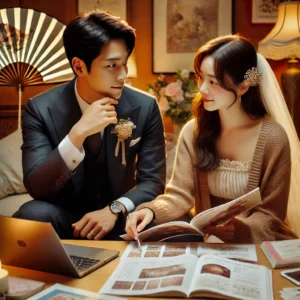 A Korean groom and bride-to-be discussing wedding plans, surrounded by wedding checklists and a laptop, in a cozy, collaborative environment.