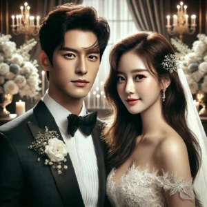 Handsome Korean groom in tuxedo and beautiful Korean bride in wedding dress, standing in a luxurious wedding venue.