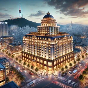 View of Lotte Seoul Hotel illuminated at dusk, showcasing its grand architecture, warm lighting, and the bustling Myeongdong district with Namsan Tower in the background.