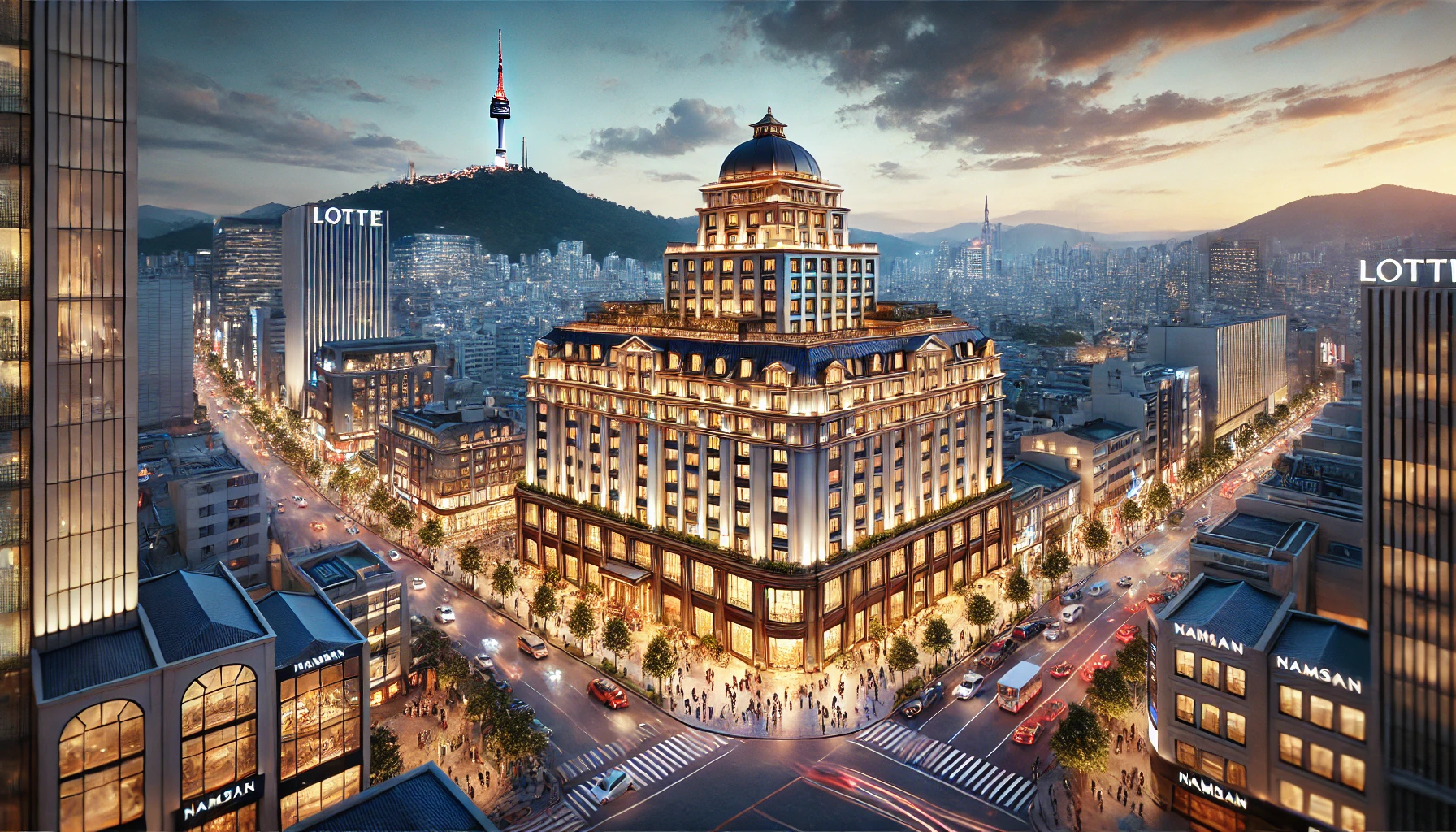 View of Lotte Seoul Hotel illuminated at dusk, showcasing its grand architecture, warm lighting, and the bustling Myeongdong district with Namsan Tower in the background.