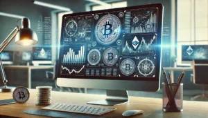 Modern cryptocurrency trading platform with sleek design and diverse coin options displayed on a desktop screen, highlighting Upbit’s user-friendly interface and innovation.