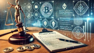 A desk with legal documents, compliance checklist, and a cryptocurrency exchange screen, symbolizing Upbit’s adherence to regulations and secure trading environment.