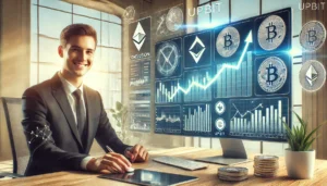 Confident trader using Upbit’s platform on a desktop, surrounded by upward arrows and cryptocurrency symbols, emphasizing trust and growth potential.