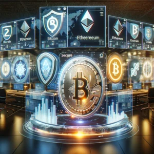 Futuristic cryptocurrency exchange environment with trading screens, diverse coin symbols, and secure shield icon, representing Upbit’s advanced features.