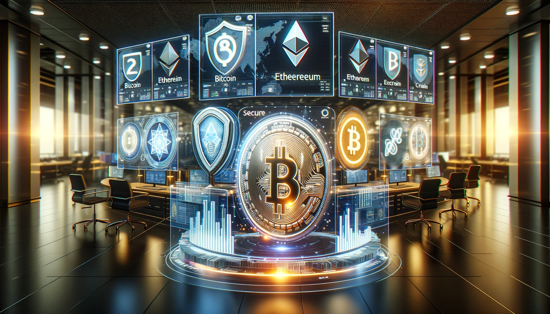 Futuristic cryptocurrency exchange environment with trading screens, diverse coin symbols, and secure shield icon, representing Upbit’s advanced features.