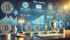 Benefits of cryptocurrency trading on a secure platform, featuring high liquidity, low fees, and Bitcoin and Ethereum icons.