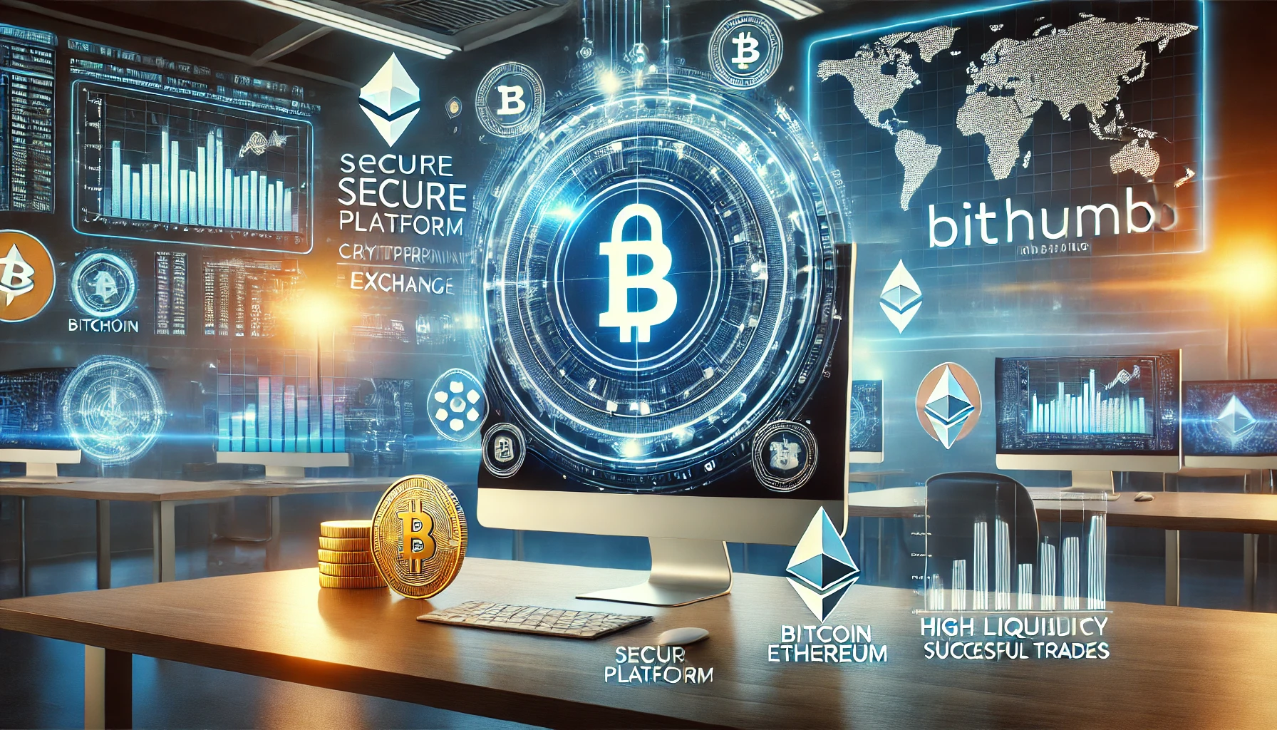 Global cryptocurrency trading platform with secure features, diverse coins like Bitcoin and Ethereum, and a glowing world map in the background.