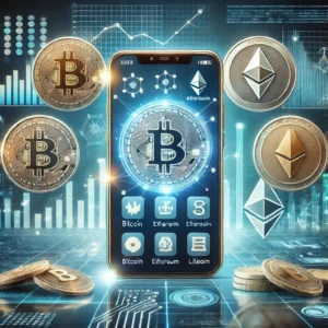 A smartphone displaying a cryptocurrency app interface with Bitcoin, Ethereum, and Litecoin icons, set against a futuristic financial background.