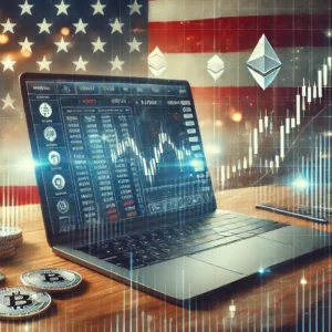 A laptop displaying a cryptocurrency trading platform interface with charts and trading pairs, surrounded by blockchain patterns and a subtle US flag theme.