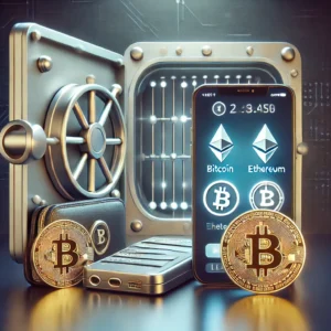 A hardware wallet and smartphone showing a crypto wallet app interface with Bitcoin, Ethereum, and Litecoin icons, set against a vault door with glowing blockchain patterns.