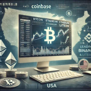 A computer screen displaying a cryptocurrency exchange interface with charts and order books, set against a subtle map of the USA and blockchain graphics.