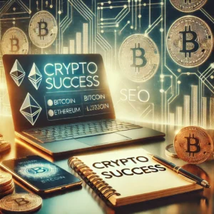 A desk setup with a smartphone, laptop showing a completed crypto trade, and a notebook reading 'Crypto Success,' against a glowing blockchain background.