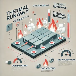 Stages of thermal runaway in a hybrid battery, including overheating, gas venting, and full thermal runaway with flames.