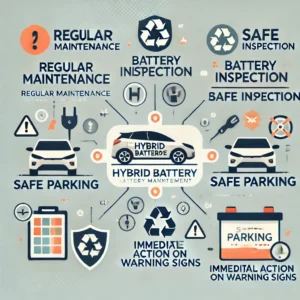 Key safety tips for hybrid battery management, including regular maintenance, inspection, safe parking, and responding to warning signs.