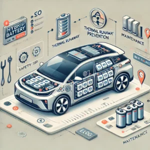 Hybrid vehicle with a highlighted battery pack and icons for safety tips like maintenance and thermal runaway prevention.