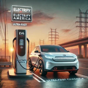 Kia EV6 charging at an Electrify America station with a highway and sunset backdrop.