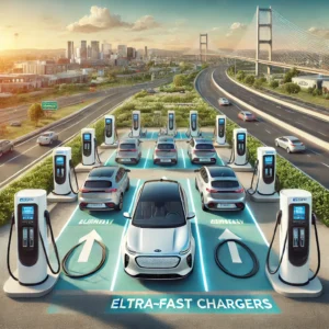 Multiple electric vehicles charging at an Electrify America network with a city skyline and sunny weather