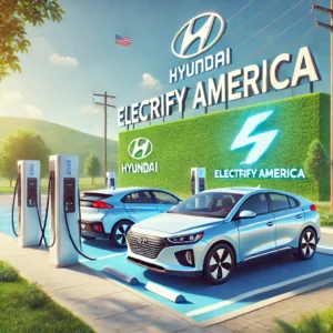 Hyundai IONIQ 6 and IONIQ 5 charging at Electrify America stations under a bright, sunny sky.