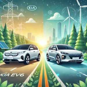 Kia EV6 and Hyundai IONIQ 6 on a scenic road with a city skyline in the background.