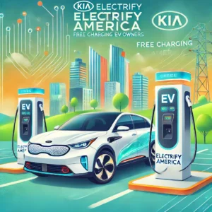 Kia EV6 and Hyundai IONIQ 6 at Electrify America charging stations with a green landscape and city skyline.