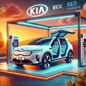 Kia EV9 electric SUV at a charging station with eco-friendly urban surroundings