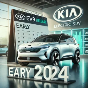 Kia EV9 in a modern dealership showroom with a bold calendar showing 'Early 2024.'