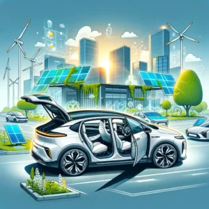 Kia EV9 parked in an eco-friendly urban setting with solar panels and green technology elements.