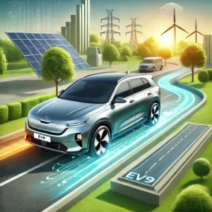 Kia EV9 electric SUV on a clean road with a park and solar panels in the background.