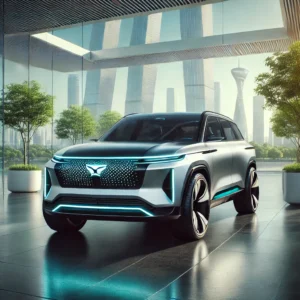 Futuristic electric SUV with bold design, LED lighting, and a sustainable cityscape background highlighting eco-friendly innovation