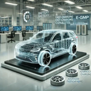 Cutaway view of an electric SUV showcasing the E-GMP platform, battery layout, electric motors, and fast-charging capabilities in a futuristic lab setting.