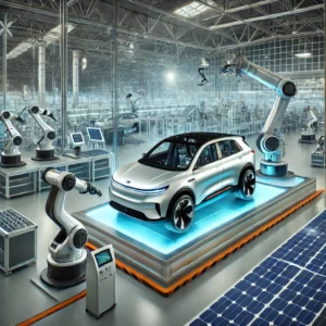 Electric SUV assembly in a modern factory with advanced robotics, eco-friendly materials, and solar-powered sustainability