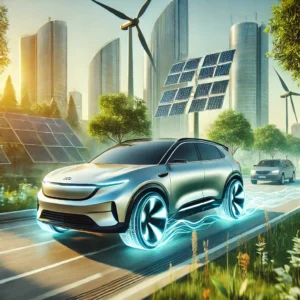 Futuristic electric SUV driving in a green urban environment with solar panels, wind turbines, and lush greenery showcasing sustainable innovation.