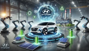 A futuristic Hyundai vehicle with advanced robotics and a sustainable battery factory in the background, symbolizing Hyundai Motor Company’s transformation into a mobility leader.