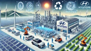 A cutting-edge Hyundai battery factory in South Korea with robotic machinery, renewable energy sources like solar panels and wind turbines, and solid-state battery production.