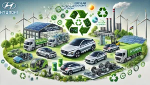 Hyundai electric and hydrogen vehicles in a green environment with solar panels, wind turbines, and a carbon-neutral factory emphasizing sustainability and circular economy practices.