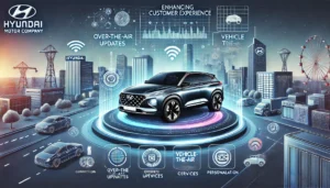 A connected Hyundai vehicle with advanced infotainment, over-the-air updates, and V2X communication in a futuristic smart city setting.