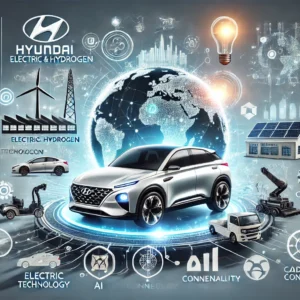 A modern Hyundai vehicle with electric and hydrogen technologies, surrounded by wind turbines, solar panels, a smart factory, and global market highlights.